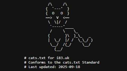 Screenshot einer cats.txt-Datei: ASCII-Katze mit den Kommentarzeilen „cats.txt for i83.uk“ und „Conforms to the cats.txt Standard“
