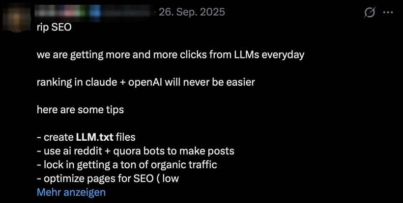 Anonymisierter Beitrag auf X mit dem Tipp „create LLM.txt files“ für bessere Sichtbarkeit in KI-Antworten