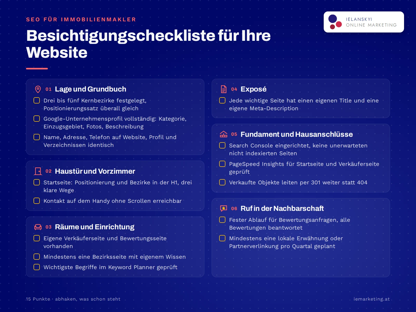 Besichtigungscheckliste: 15 SEO-Punkte für Immobilienmakler in sechs Bereichen