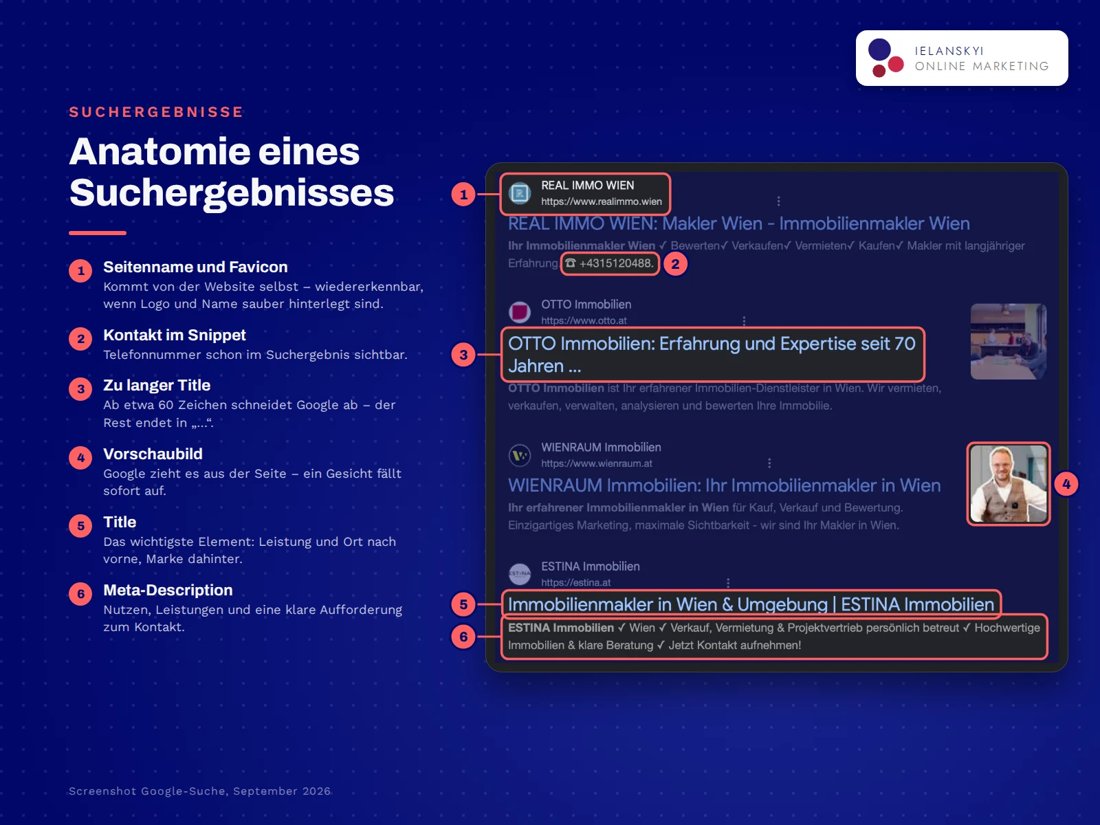 Anatomie eines Suchergebnisses: Title, Meta-Description und Vorschaubild bei Immobilienmaklern in Wien